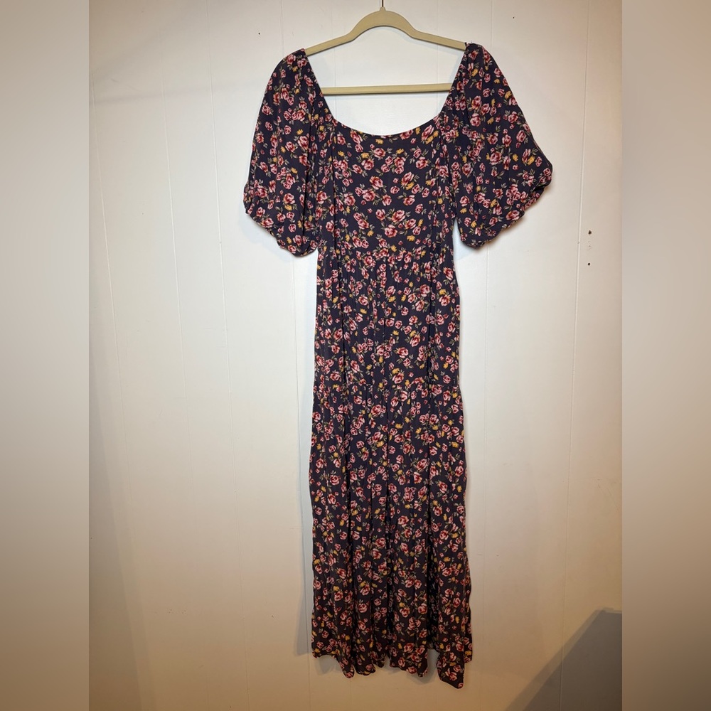 Carly Jean Los Angeles Floral Puff Sleeve Maxi Dress - Blue and Pink